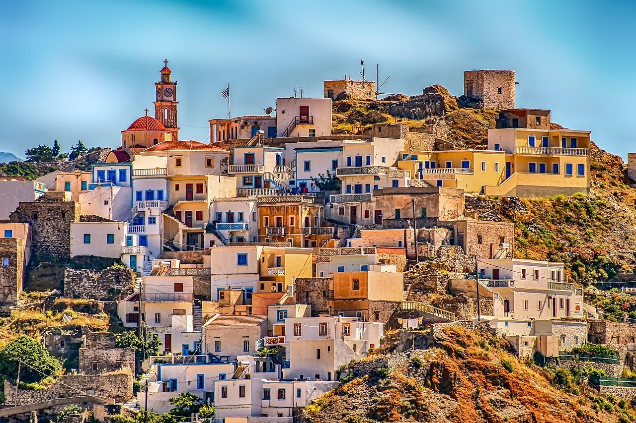 grèce, village, karpathos, colline, architecture, ville, vacances, emplacement, olympos, flanc de colline, multicolore, façades, grèce, grèce, grèce, grèce, grèce, village