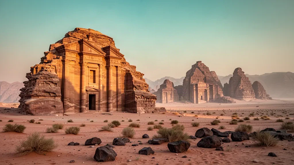 Façade d'un tombeau nabatéen taillé dans la roche à Hegra, AlUla, Arabie saoudite, éclairée par la lumière dorée du désert au coucher du soleil parmi des affleurements de grès