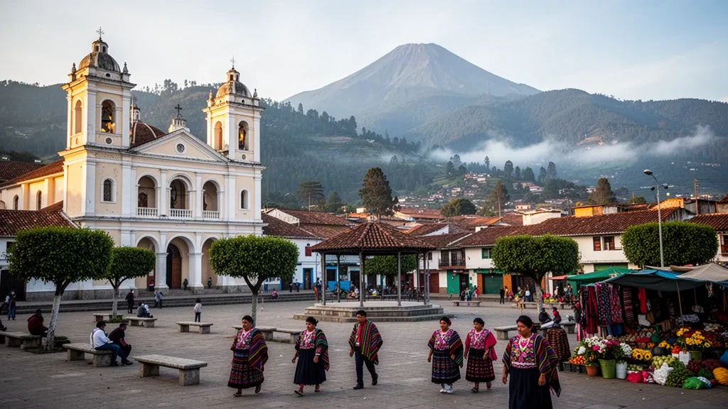 Totonicapán, Guatemala'nın merkez meydanında sömürge kilisesi ve Maya pazarı, gün doğumunda çam kaplı yaylalarla çevrili
