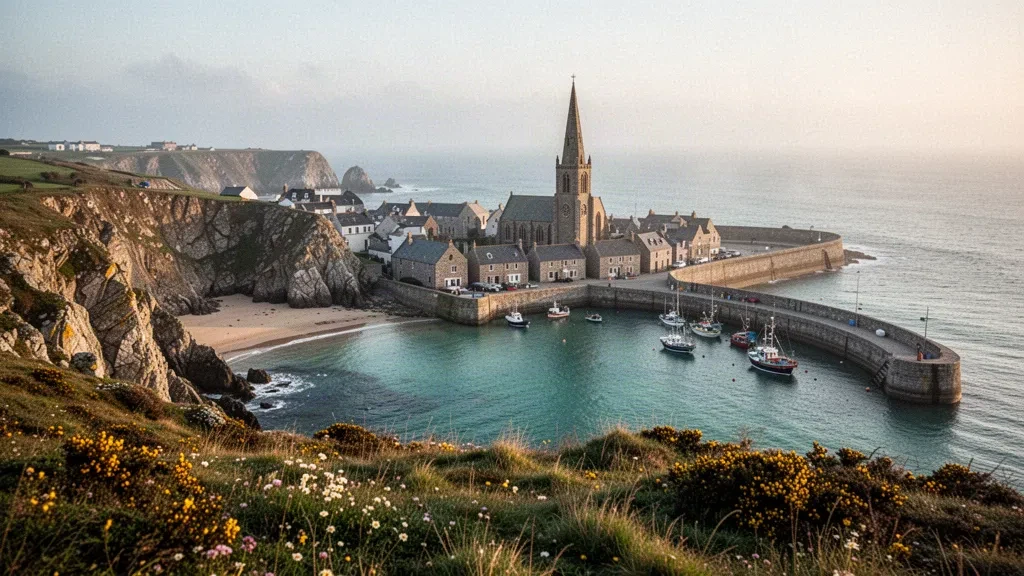 Casette in granito e la guglia della Chiesa di St Anne che si affacciano sul porto di Braye Bay ad Alderney nelle Isole del Canale