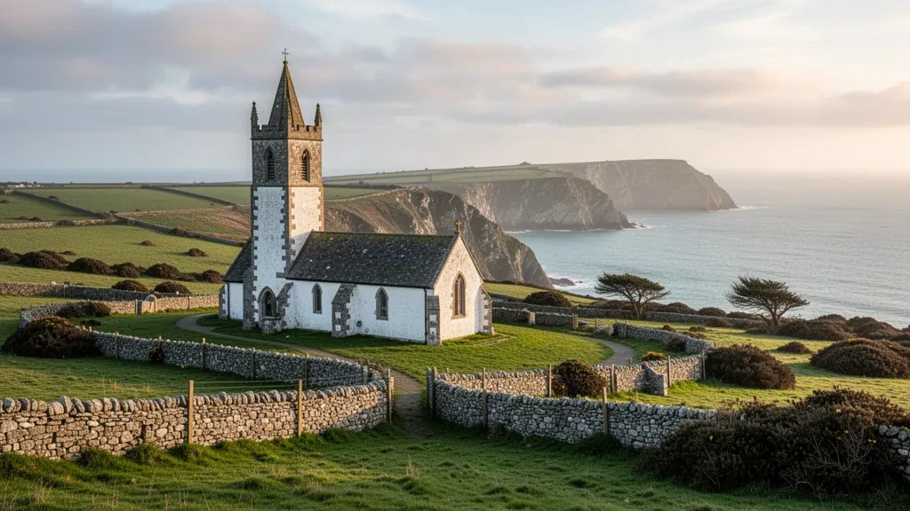 Chiesa parrocchiale di Torteval imbiancata su un'altura verde costiera sopra le aspre scogliere occidentali di Guernsey nella morbida luce pomeridiana