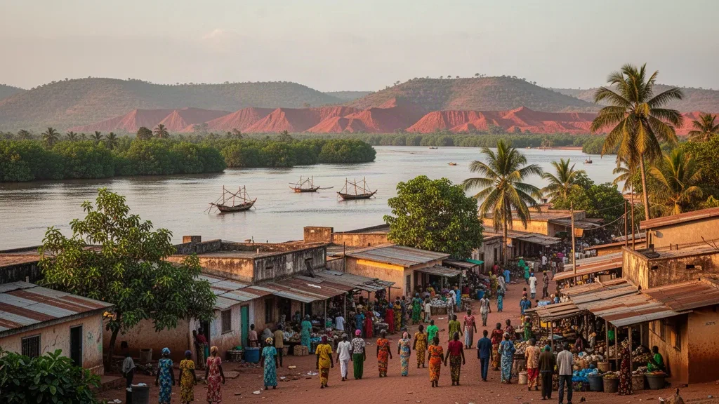 Blick auf das Ufer von Boké, Guinea, mit Holzbooten, Palmen und niedrigen Gebäuden entlang des Rio Nunez in warmem tropischem Licht.