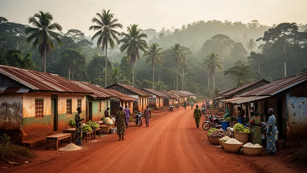 Calle de laterita roja flanqueada por casas con tejados de chapa y palmeras aceiteras en Yomou, Guinea, rodeada de húmeda selva tropical a la hora dorada