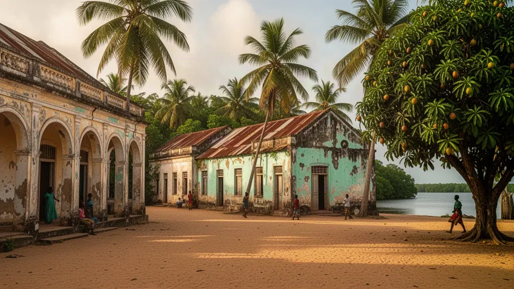 Edificios coloniales portugueses desgastados y palmeras de coco a lo largo de una calle de arena en Bolama, Guinea-Bisáu