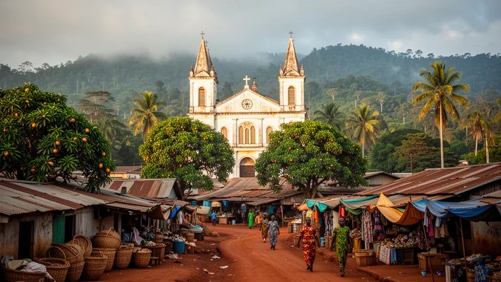 La cattedrale e l'area del mercato di Nzérékoré circondate dal verde lussureggiante della foresta tropicale nella regione forestale sud-orientale della Guinea