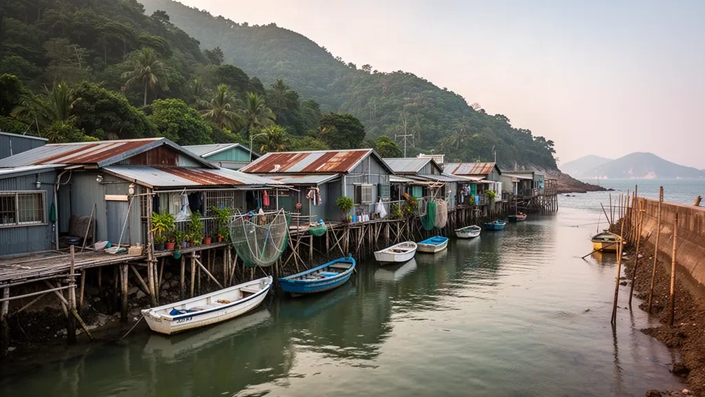 Stilt houses and wooden fishing boats along the tidal channel of Tai O fishing village on Lantau Island, Hong Kong, at golden hour