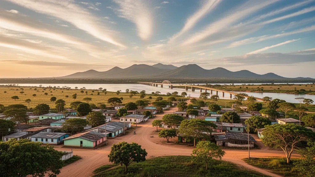 Wide view of Lethem town and the Takutu River bridge across the Rupununi savannah in Upper Takutu-Upper Essequibo, Guyana.