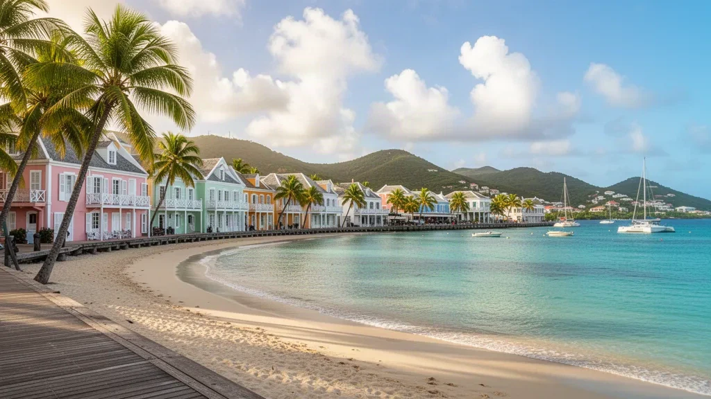 Bunte koloniale Ufergebäude und Palmen entlang des Great Bay Beach in Philipsburg, Sint Maarten, mit türkisfarbenem karibischem Wasser
