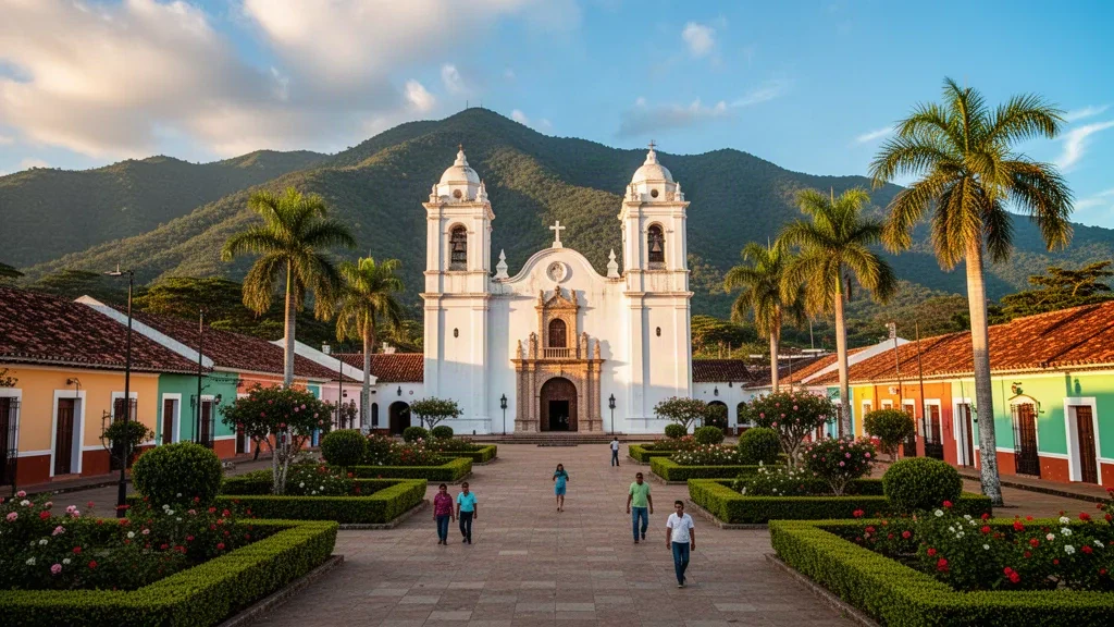 Cattedrale coloniale e piazza centrale a Santa Bárbara, Honduras, incorniciate da montagne verdi sotto una calda luce di fine pomeriggio