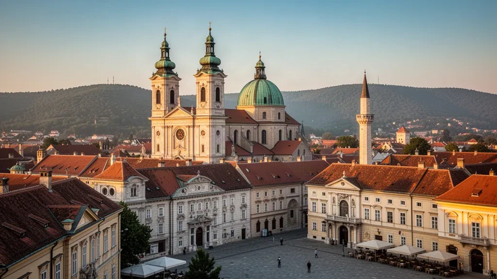 Kathedrale von Pécs und terrakottafarbene Dächer der Altstadt zur goldenen Stunde, Hauptstadt des Komitats Baranya, Ungarn
