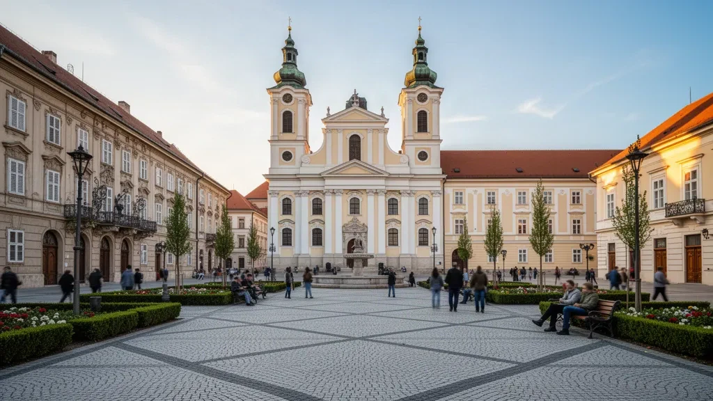 Hauptplatz von Szombathely im Komitat Vas, Ungarn, mit der Barockkathedrale und dem Bischofspalast im warmen Licht der goldenen Stunde