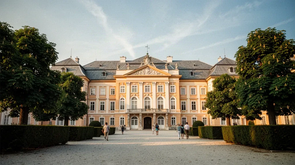 Palais baroque Festetics à Keszthely, comitat de Zala, Hongrie, baigné d'une lumière chaude de fin d'après-midi avec jardins à la française et arbres matures