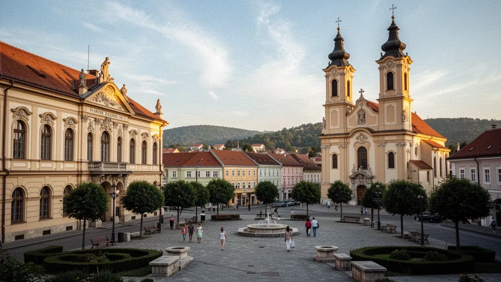 Vue à l'heure dorée du centre-ville de Zalaegerszeg en Hongrie, avec l'hôtel de ville historique et la place de l'église Sainte-Marie-Madeleine