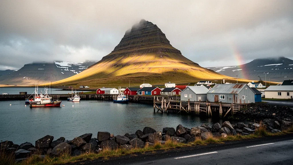 La montagna Kirkjufell che si erge dietro il porto e le case colorate di Grundarfjörður nell'Islanda occidentale durante l'ora d'oro