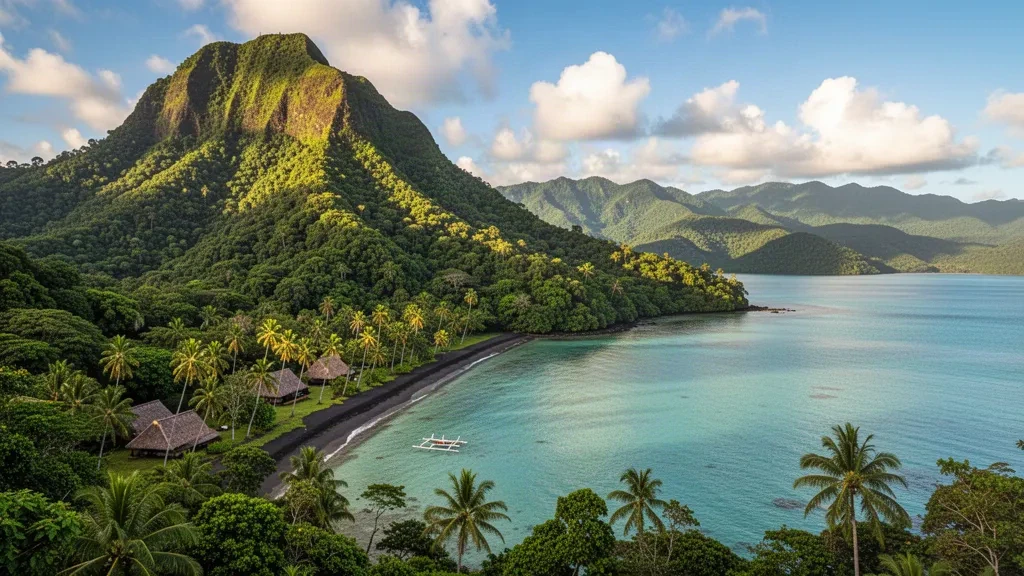 Lush volcanic peaks and turquoise lagoon at Pago Pago Harbor in American Samoa under warm tropical afternoon light