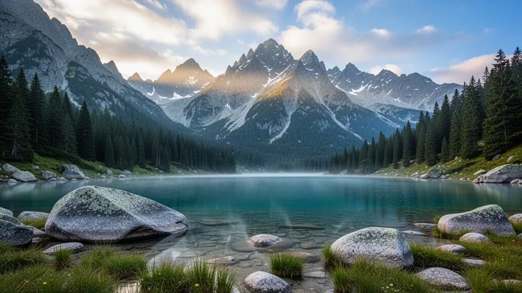 Cime degli Alti Tatra spolverate di neve che si ergono sopra un lago glaciale turchese e una foresta di pini in Slovacchia