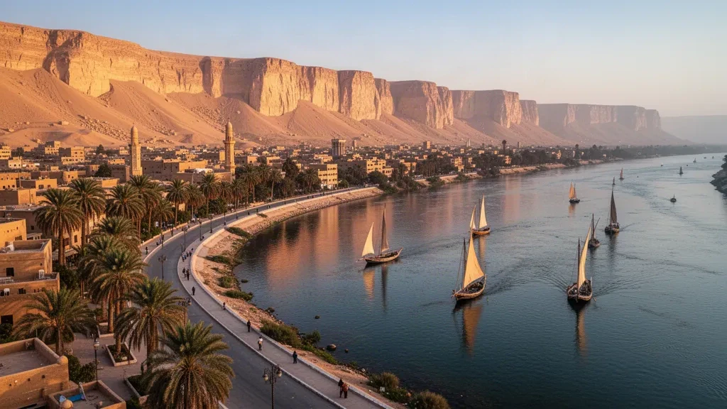 Nils in El Minya mit Corniche zur goldenen Stunde mit Felukken, Palmen und Kalksteinwüstenklippen in Oberägypten