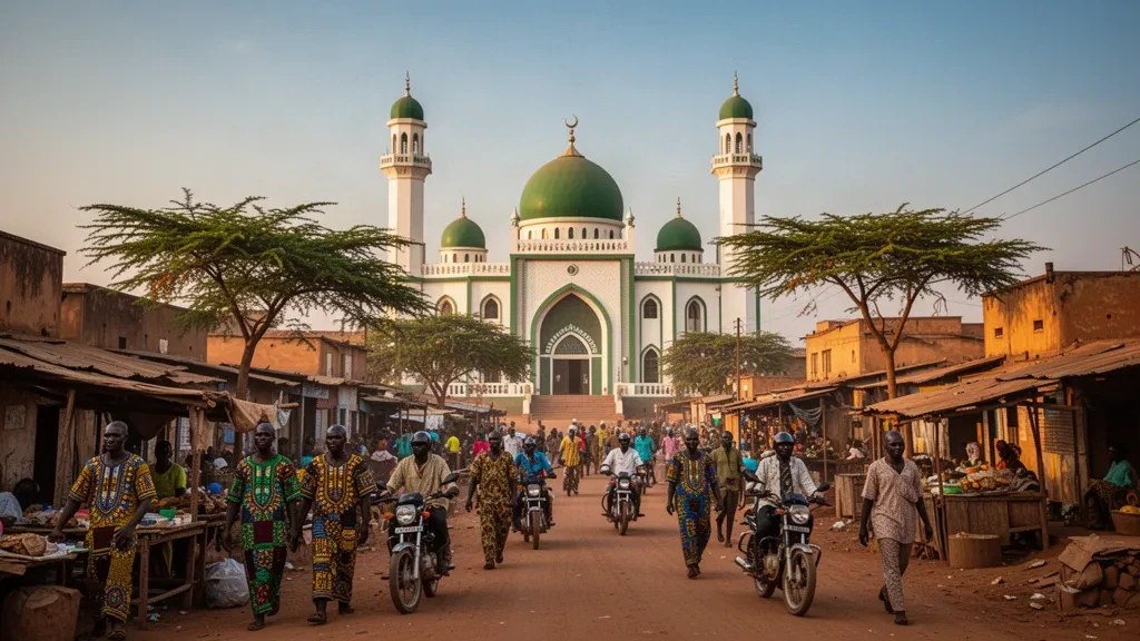 Moschea Centrale di Tamale nel Ghana settentrionale vista all'ora d'oro, con i suoi minareti bianchi e cupole che si ergono sopra il vivace paesaggio urbano.