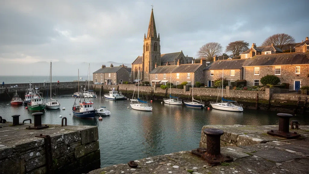 Il porto di St Sampson a Guernsey con barche da pesca ormeggiate, banchine in granito e il campanile della chiesa parrocchiale sullo sfondo