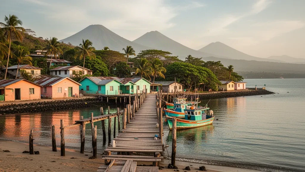 Molo in legno, barche da pesca e case pastello sul lungomare ad Amapala, Valle, Honduras, accanto al Golfo di Fonseca durante l'ora d'oro