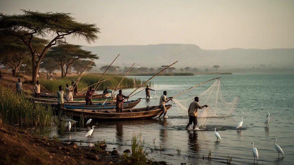 Traditionelle Fischerboote und Fischer am ruhigen Ufer des Hawassa-Sees im Süden Äthiopiens zur goldenen Stunde
