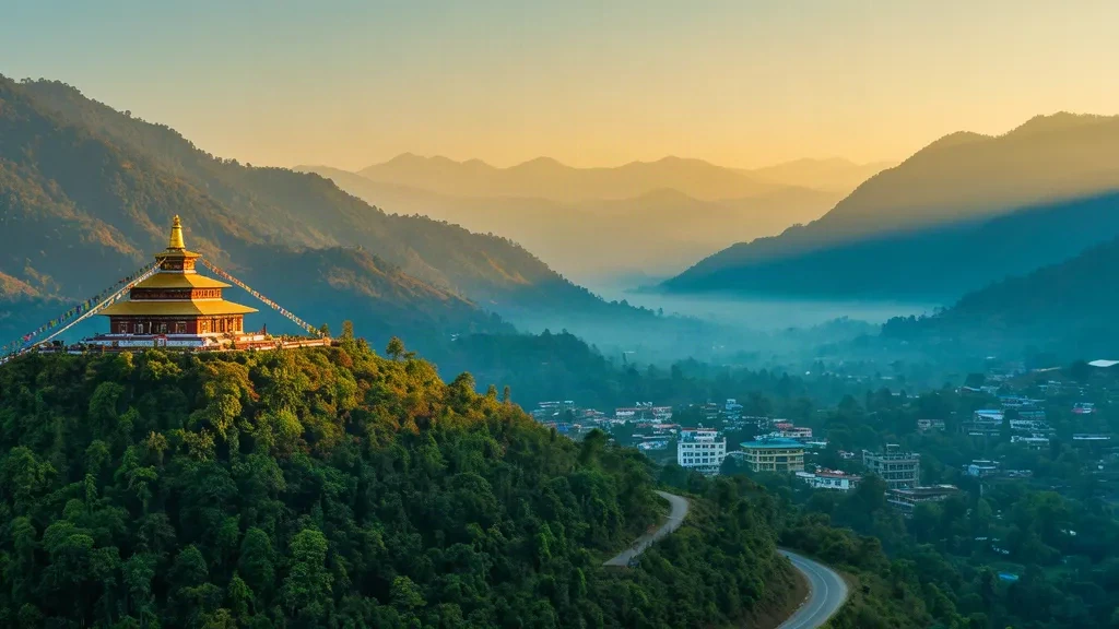 Monastero buddhista in cima a una collina con vista su Itanagar, Arunachal Pradesh, circondato dalle verdeggianti colline himalayane all'alba nebbiosa