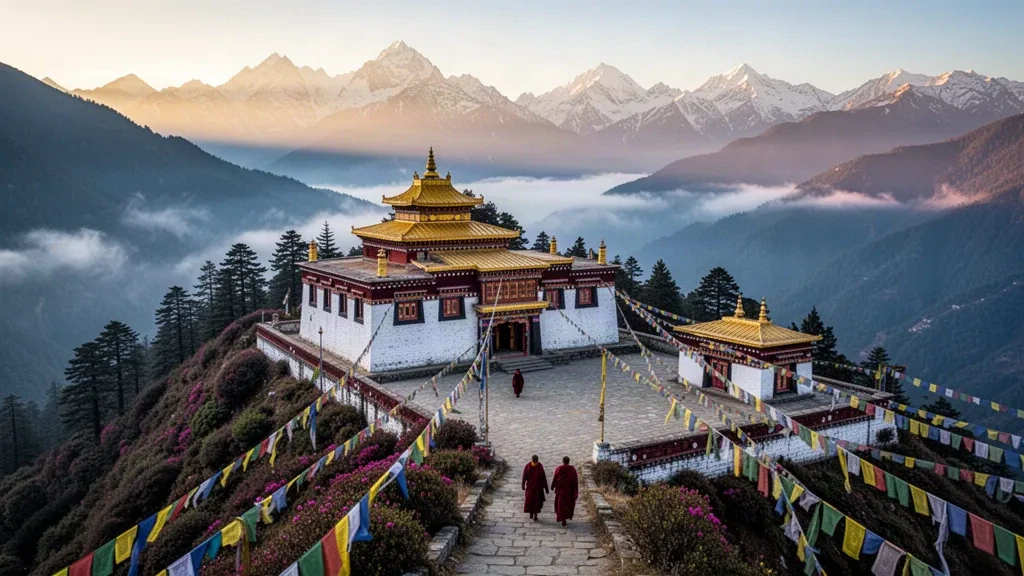 Hindistan'ın Arunachal Pradesh eyaletindeki Tawang Manastırı, Himalaya zirveleri, dua bayrakları ve gün doğumunda sabah sisi ile birlikte