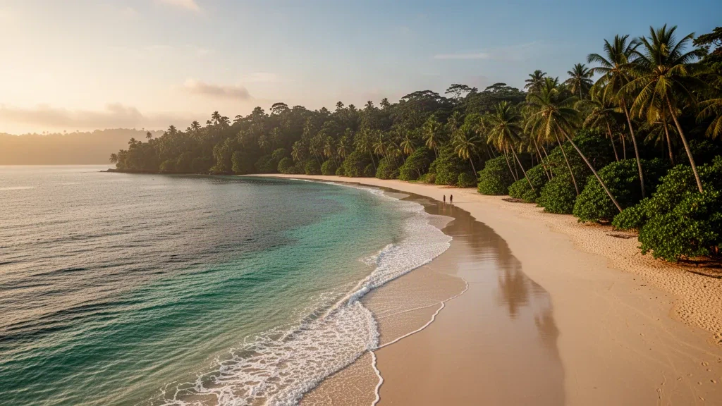 Turquoise shallows and white sand fringed by tropical palms at Radhanagar Beach on Swaraj Dweep, Andaman and Nicobar Islands, India