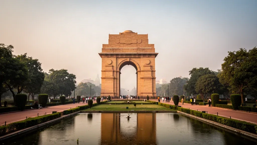 India Gate war memorial arch in New Delhi on a tree-lined boulevard at golden hour, warm sandstone stonework under a hazy amber sky
