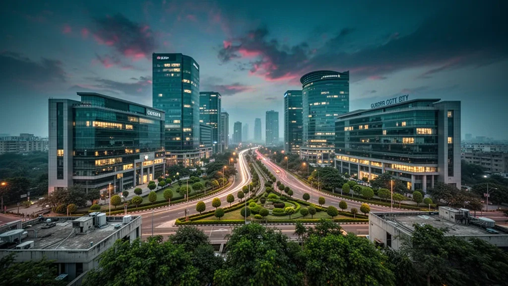 Vue au crépuscule de l'horizon de Gurugram Cyber City dans l'Haryana, en Inde, avec des tours de bureaux en verre illuminées au-dessus d'une route urbaine paysagée