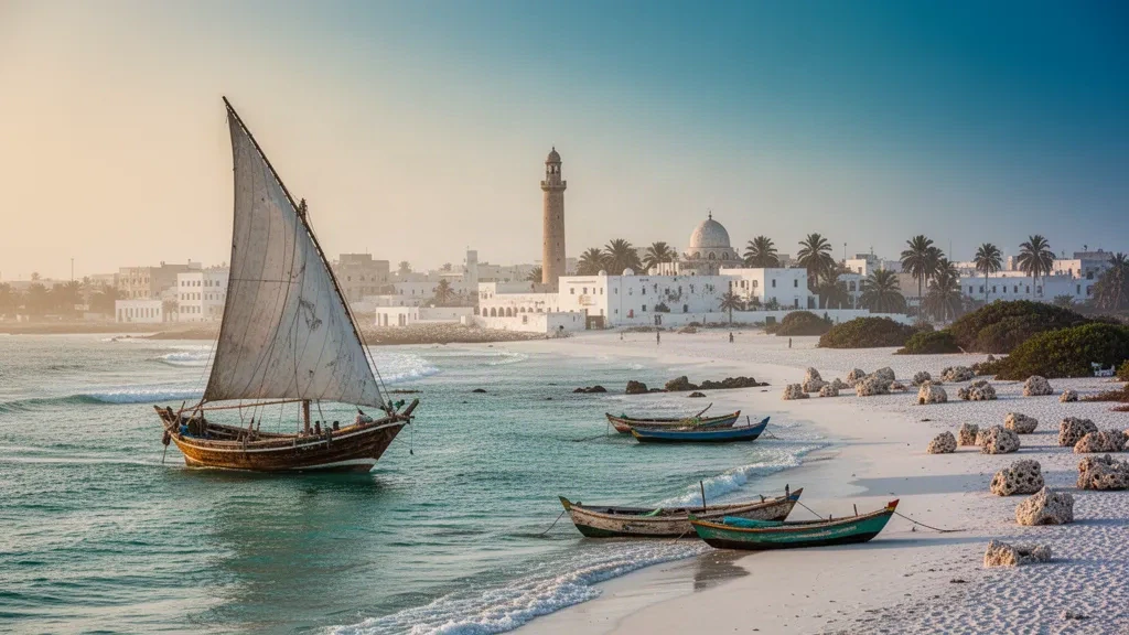 Dhow tradicional de madera navegando frente a Lido Beach en Mogadiscio, en la costa somalí del océano Índico, durante la hora dorada