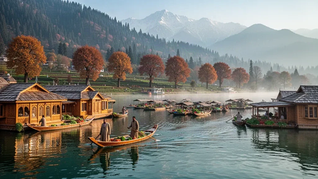 Barcas shikara y casas flotantes de madera tallada en el lago Dal de Srinagar, Jammu y Cachemira, con las montañas Zabarwan en la hora dorada