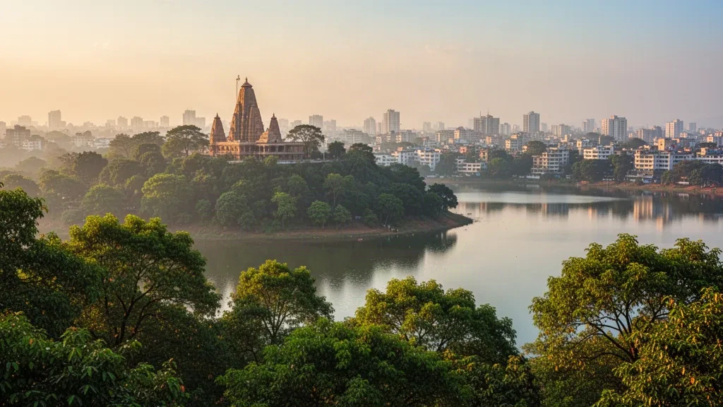 Golden-hour view of Ranchi, Jharkhand, with Jagannath Temple on a wooded hill above Ranchi Lake and the city skyline.