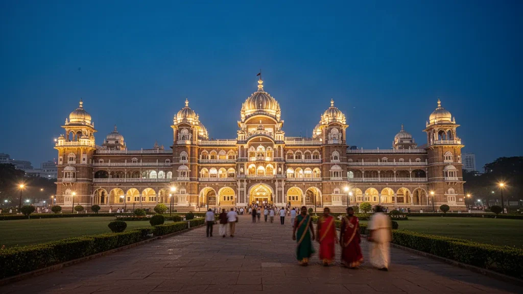 Beleuchteter Mysore-Palast in Mysuru, Karnataka, der in goldenem Flutlicht vor einem tiefblauen Dämmerungshimmel leuchtet