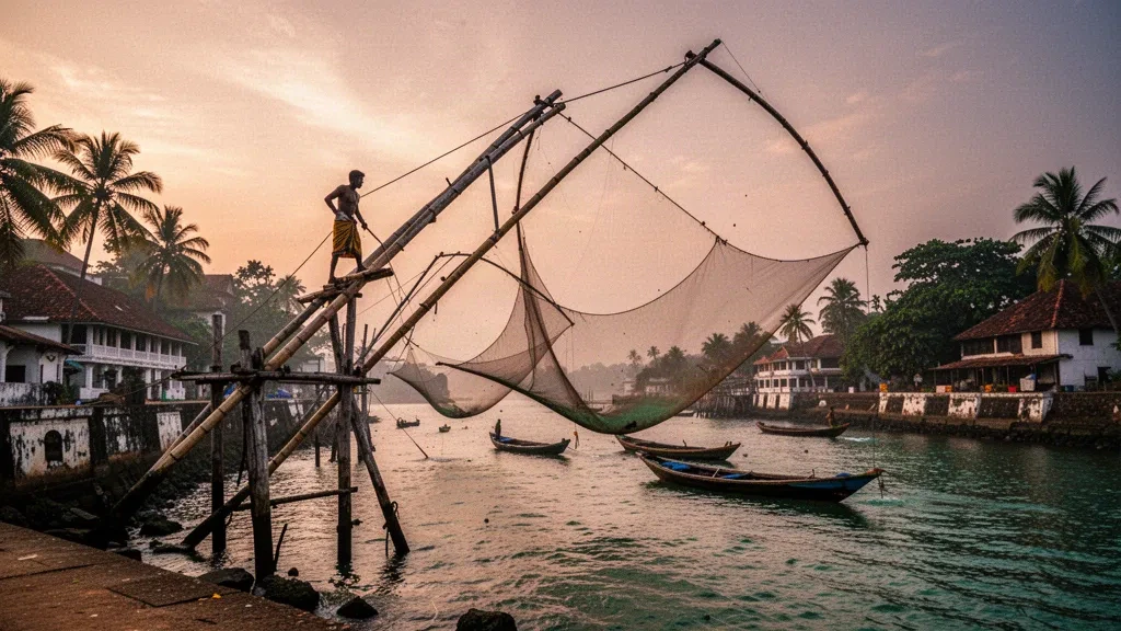 Hindistan'ın Kerala kentinde, Fort Kochi sahil şeridi boyunca altın saatte siluetlenen Çin balık ağları