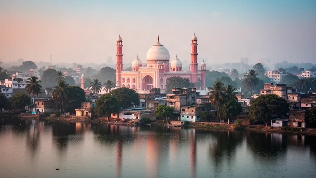 Stadtansicht von Bhopal mit dem Upper Lake und der Taj-ul-Masajid zur goldenen Stunde in Madhya Pradesh, Indien
