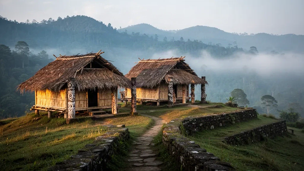 Traditionelle Naga-Hütten aus Bambus und Stroh im Kisama Heritage Village auf grünen, nebligen Hügeln bei Kohima, Nagaland, Indien