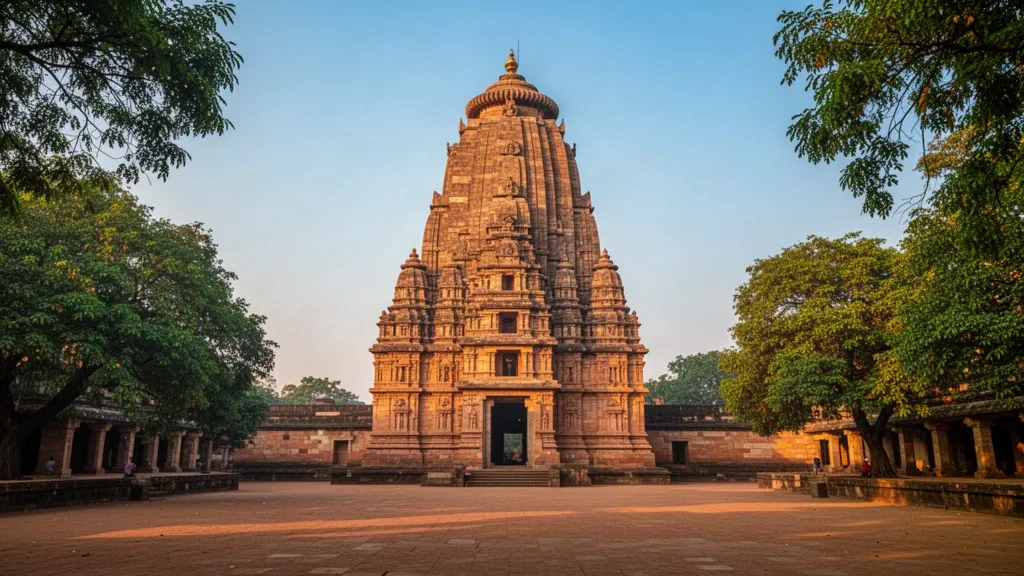 Lingaraja-Tempel in Bhubaneswar, Odisha, Indien, mit kunstvollen Kalinga-Steinmetzarbeiten zur goldenen Stunde