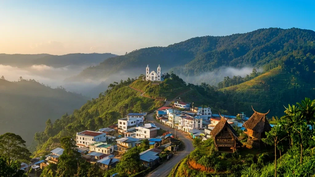 Vue panoramique sur la ville de Kohima, Nagaland, avec des tours de cathédrale blanches, des collines Naga en terrasses et la brume matinale dans un large panorama de voyage