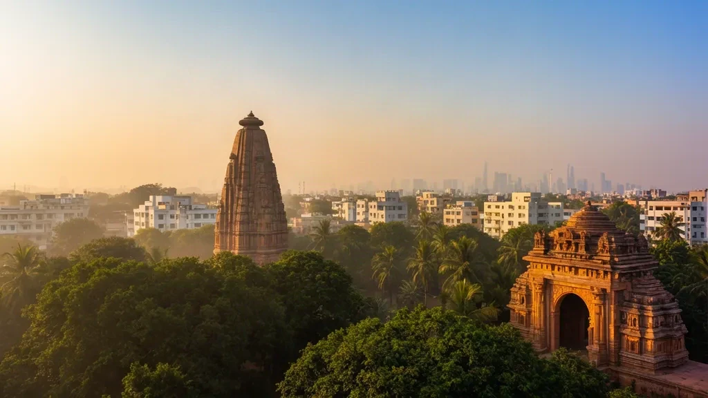 Veduta di Bhubaneswar, Odisha, durante l'ora d'oro, con la guglia del Tempio di Lingaraja sopra le cime verdi degli alberi e uno skyline moderno e velato della città sullo sfondo
