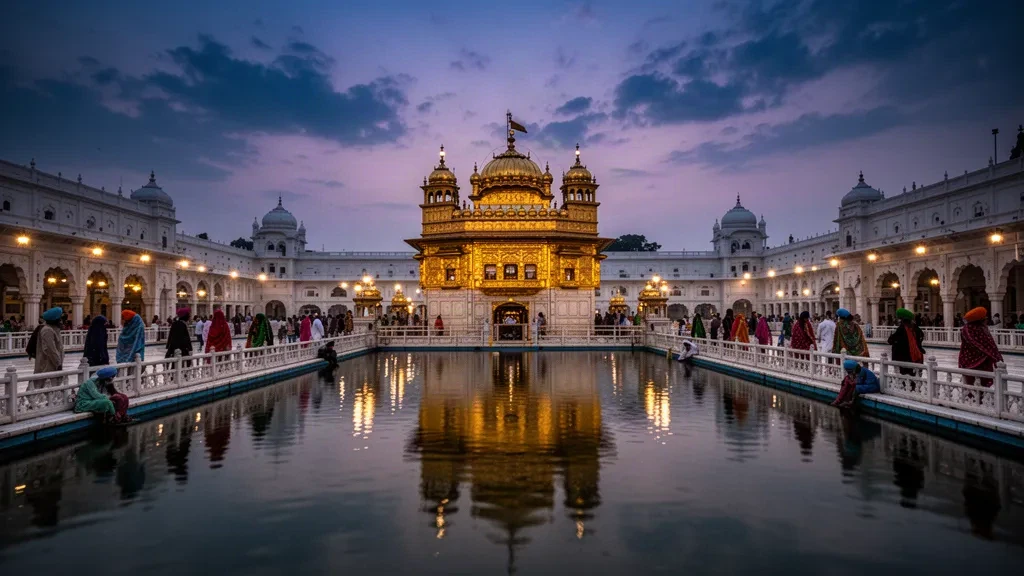 Goldener Tempel in Amritsar, Punjab, leuchtet in der Abenddämmerung mit seiner goldenen Kuppel, die sich im heiligen, von Pilgern umgebenen Becken spiegelt