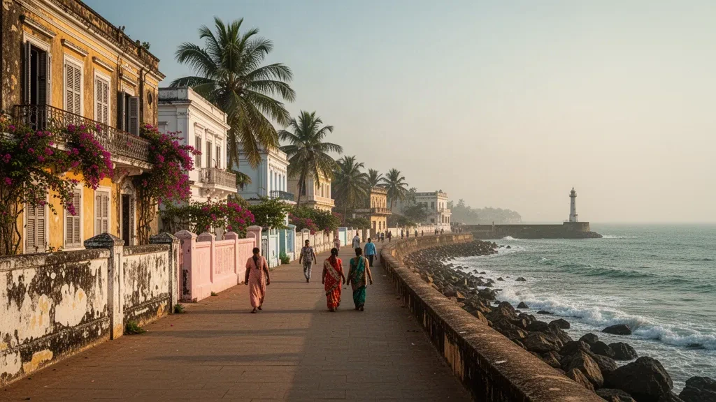 Villas coloniales francesas y buganvillas a lo largo del paseo marítimo de White Town, Puducherry, India, a la hora dorada