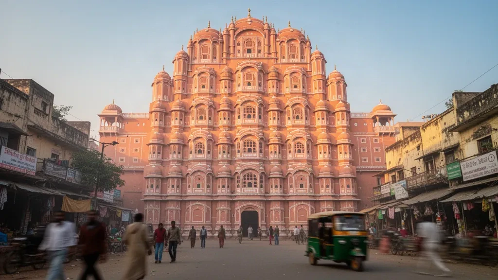 Facciata in arenaria rosa dell'Hawa Mahal a Jaipur, Rajasthan, durante l'ora d'oro, che si erge sopra la strada della città vecchia sottostante