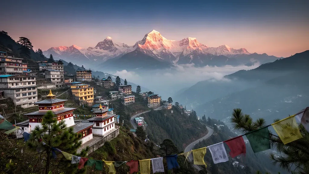 Ville de Gangtok, Sikkim, à flanc de colline au lever du soleil avec toits de monastères, drapeaux à prières et sommets enneigés du Kanchenjunga émergeant de la brume matinale