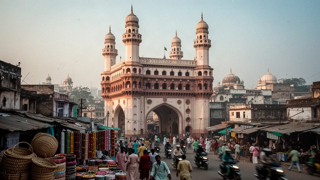 Monumento Charminar che si erge sopra le affollate strade del Laad Bazaar di Hyderabad, Telangana, India, all'ora d'oro