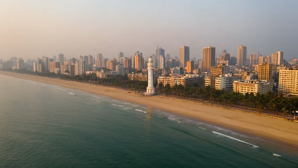 Golden hour view of Chennai's Marina Beach, lighthouse and city skyline along the Bay of Bengal