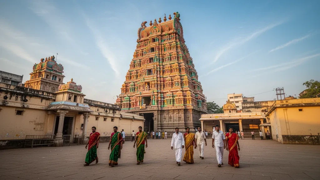 Vista durante la hora dorada del gopuram del templo Meenakshi Amman en Madurai, Tamil Nadu, India, con luz cálida y arquitectura vibrante.