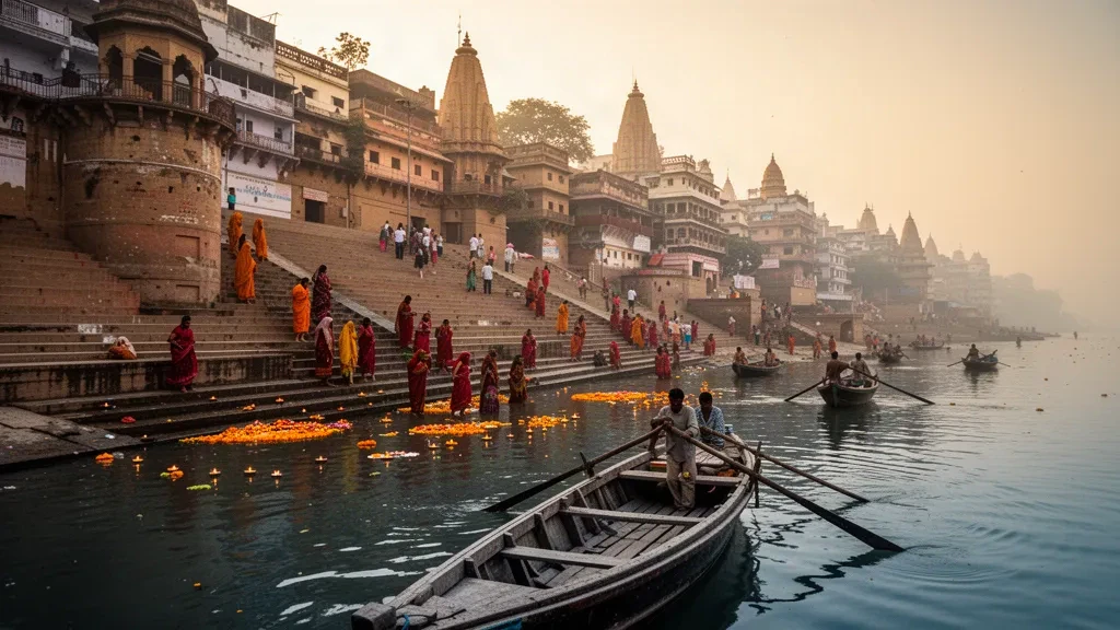 Lever de soleil sur les ghats en pierre de Varanasi sur le Gange en Uttar Pradesh, avec des bateaux en bois et des pèlerins au bord de la rivière