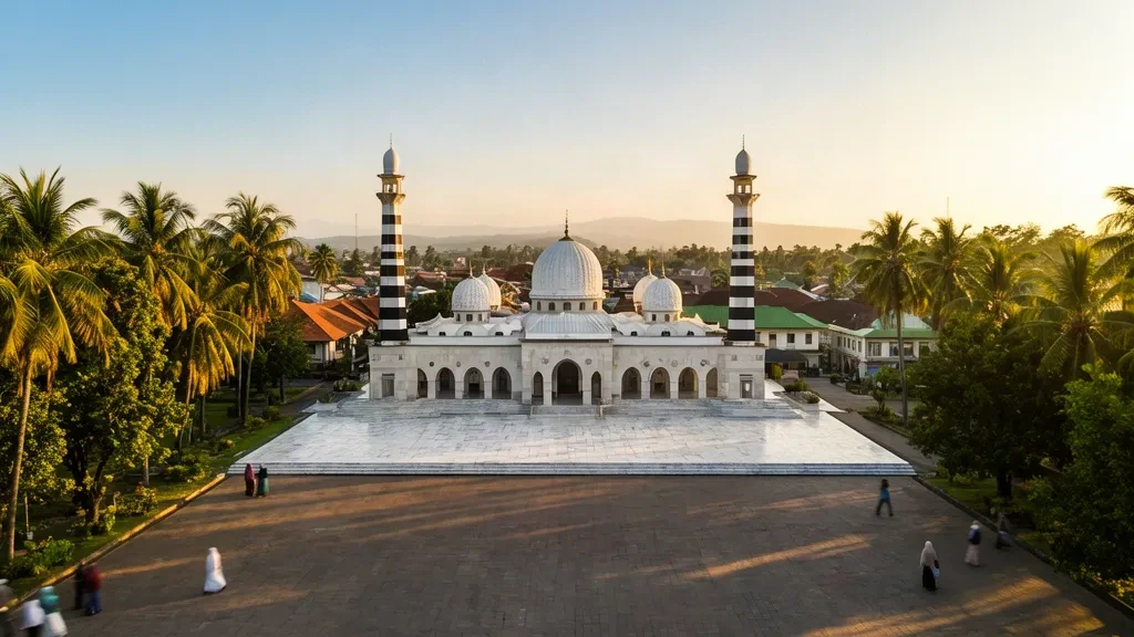 Golden-hour view of Banda Aceh's Grand Baiturrahman Mosque, white domes and minarets above a tropical Aceh city skyline