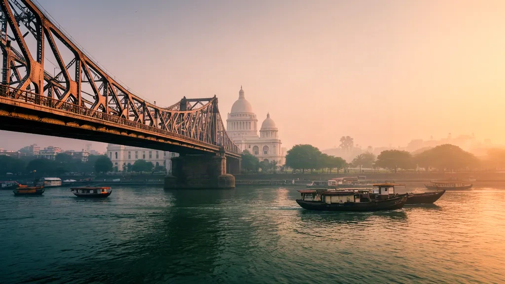 Blick zur goldenen Stunde auf die Howrah Bridge in Kolkata über den Hooghly River mit der Kuppel des Victoria Memorial und dunstiger Skyline dahinter